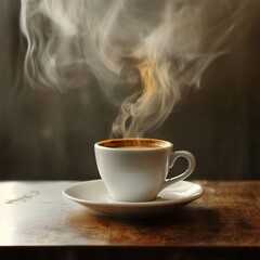 Hot Coffee with Steam Rising, Capturing the Warmth and Aroma of a Freshly Brewed Cup, Perfect for Caffeine Lovers and Cozy Moments