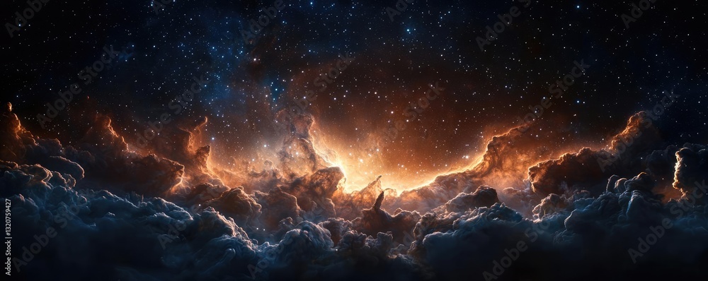 Poster dark sky concept. a breathtaking view of cosmic clouds illuminated by a celestial glow at dawn.