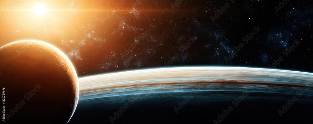 Poster dark sky concept. stunning cosmic view of a planet and sun illuminating the vast universe.