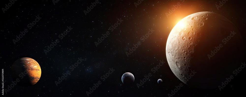 Poster dark sky idea. a stunning view of the solar system with planets and a glowing sun in the background.