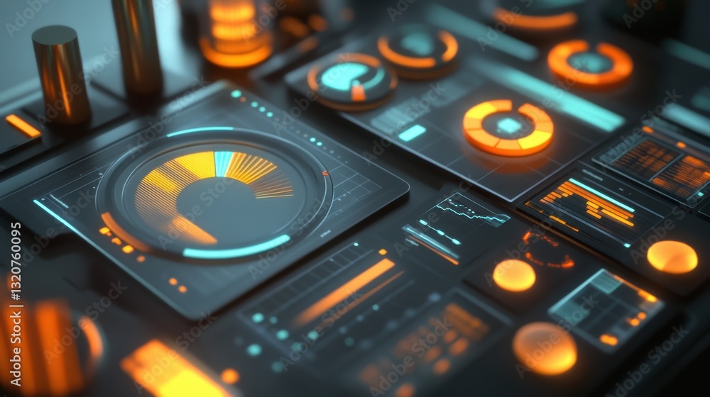 Poster a 3d-rendered digital interface featuring interactive pie charts, bar graphs, and financial data ana