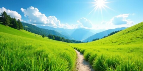 Fototapeta premium Serene Pathway Through Verdant Meadow Under a Bright Sunny Sky, Leading to Majestic Mountain Range