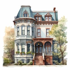 Fototapeta premium Charming watercolor New York townhouses with ornate facades and large windows. One house is painted in warm terracotta tones, the other in cool turquoise, creating a harmonious contrast.