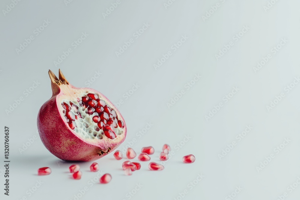 Aufkleber refreshing pomegranate still life cut open displaying seeds on light background and beautiful vivid 