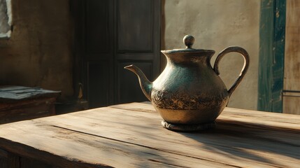 Antique Teapot on Rustic Wooden Table in Vintage Setting