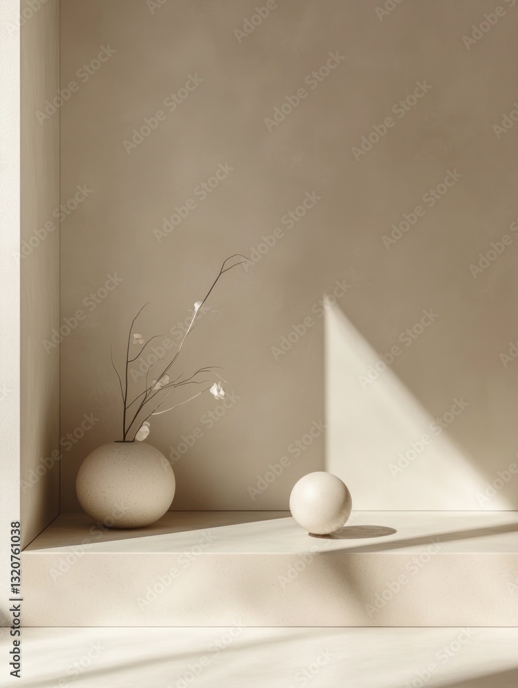 Poster tranquil simplicity vase with bare branches and sphere on platform bathed in sunlight soft focus nat