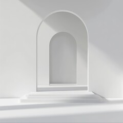 Minimalist Architecture a Serene White Archway and Steps Bathed in Soft Light a Tranquil Interior