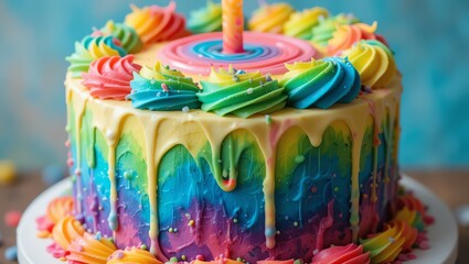 Naklejka premium A vibrant, multi-colored birthday cake with rainbow frosting and a single candle in the center. Perfect for celebrations.