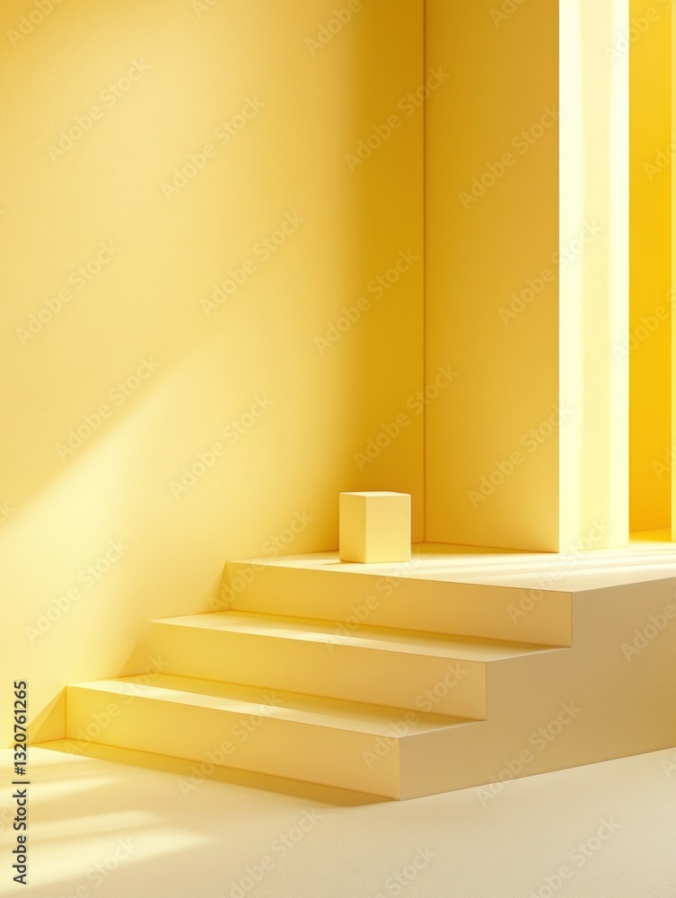 Poster yellow minimalist backdrop with steps and geometric cube form bathed in soft light sunny mood
