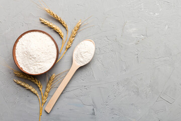 Flat lay of Wheat flour in wooden bowl with wheat spikelets on colored background. world wheat...