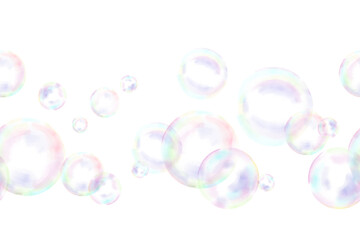 Soap bubbles on a seamless border. Watercolor digital illustration. Bubbles of different sizes, with a rainbow reflection on an isolated white background, the theme of the holiday, birthday, cleaning