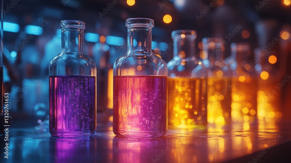 Aufkleber flasks containing vibrant purple and orange liquids are positioned on a counter in a chemical proces