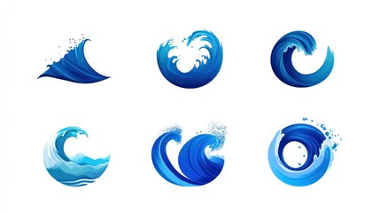 Naklejka premium Ocean wave icons; various shapes, design elements; white background; website, graphic design
