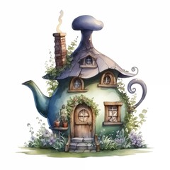A charming fairytale watercolor house, creatively made from a teapot, with a cozy entrance, arched windows and a whimsical tiled roof. Surrounded by lush greenery and delicate flowers
