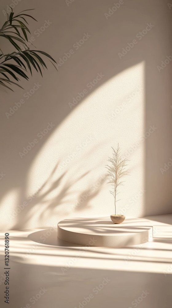 Aufkleber minimalist showcase backdrop for product display with aesthetic light interplay serene beige studio 