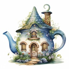 A charming fairytale watercolor house, creatively made from a teapot, with a cozy entrance, arched windows and a whimsical tiled roof. Surrounded by lush greenery and delicate flowers