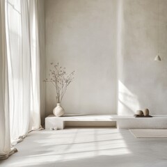 Fototapeta premium Serene modern interior bright sunlight vase plant peaceful ambiance simple clean design minimal architecture