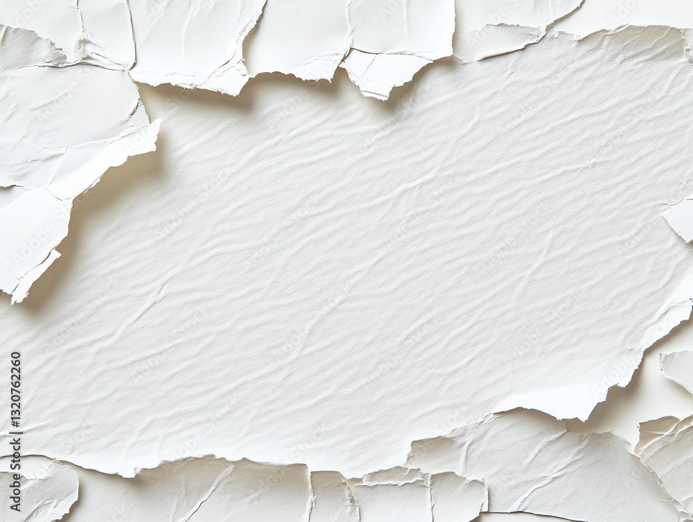 Poster torn white paper texture background with crumpled sheet edge design