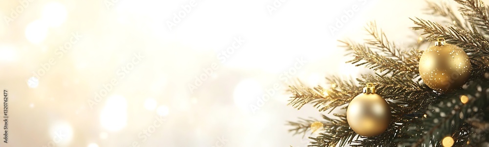 Poster festive background with golden ornaments and soft lights on evergreen branches.