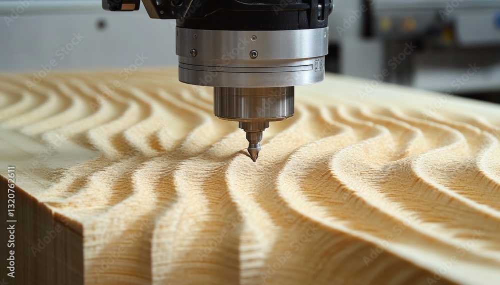 Poster cnc router carving intricate wave pattern in wood precision woodworking technology in action
