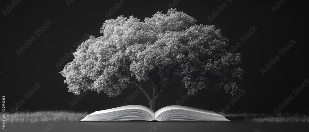 Poster a book sits on a table beside a tree, perfect for reading or studying in nature