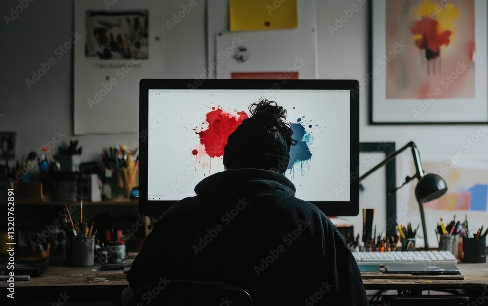 Poster person working at a creative desk with colorful abstract artwork on computer screen