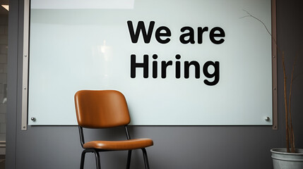 Chair that is sitting in front of a sign, text we are hiring