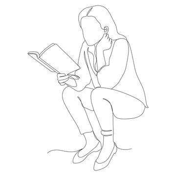 recommend clip art: Woman Reading a Book in a Thoughtful Pose — Minimalist Line Art