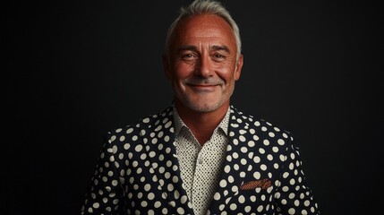 A middle-aged man wears a striking polka dot suit while displaying a cheeky grin. The photo captures him in a close-up against a dark, neutral background, highlighting his joyful expression