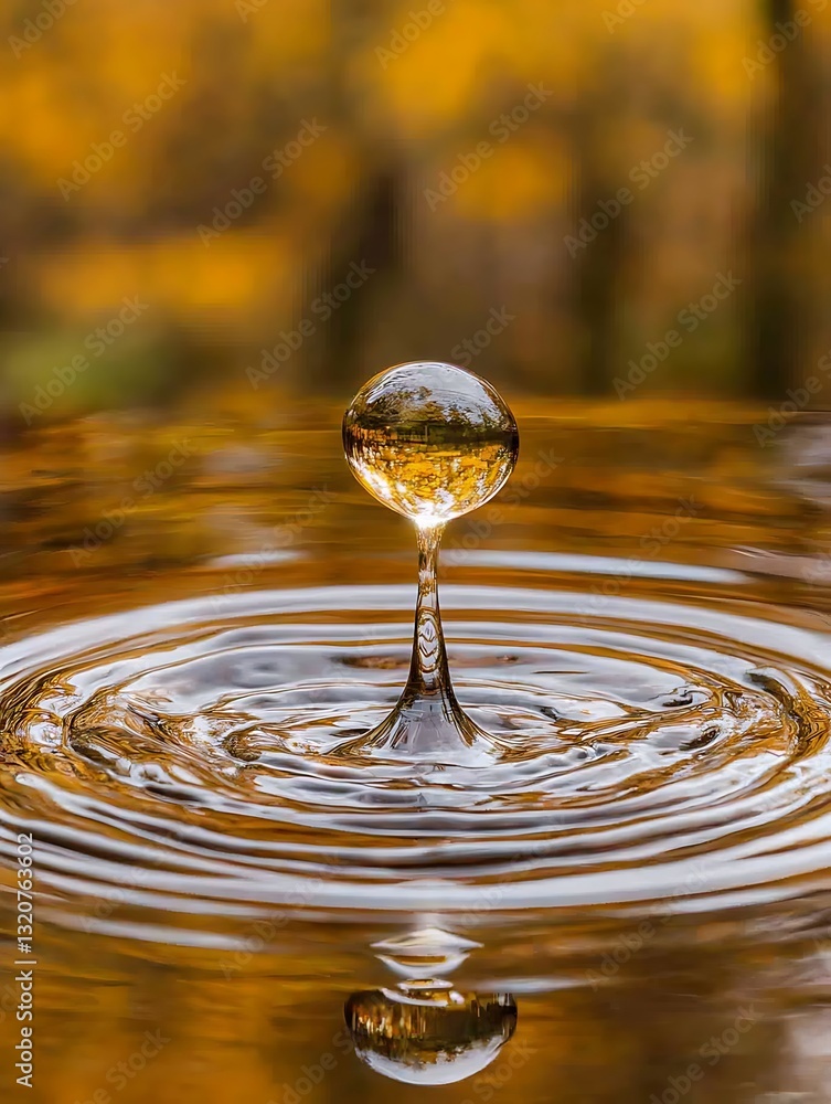 Poster captivating water droplet splash creating concentric ripples close-up view