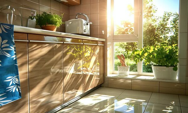 Sunny kitchen with garden view, herbs, and sunlight streaming through window; perfect for home decor or cooking blogs