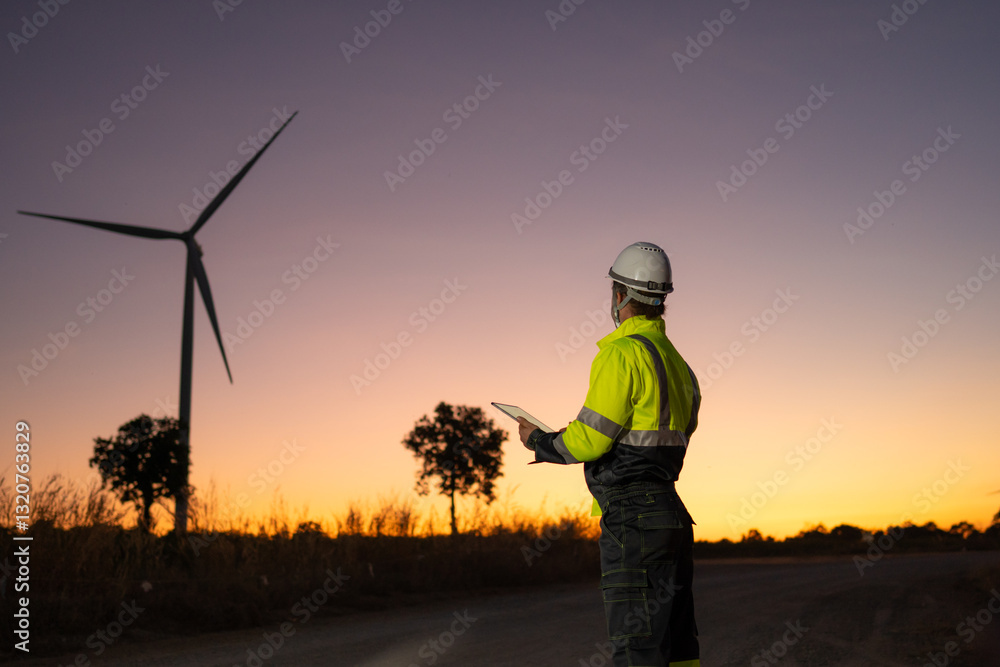 Poster engineer man working with tablet at windmill farm generating electricity clean energy. wind turbine 