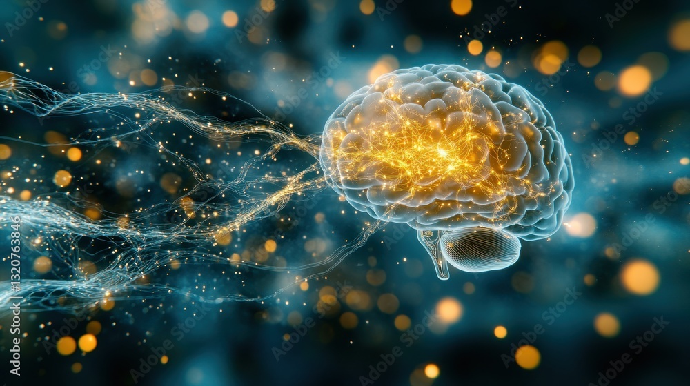 Poster a digital illustration of a brain, glowing with inner light, surrounded by ethereal energy. complex 
