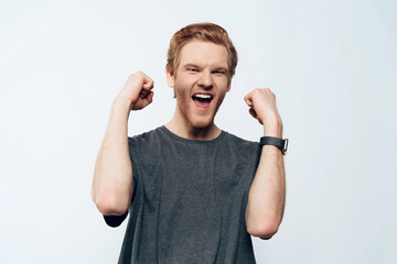 Portrait Euphoric Cheerful Guy Celebrating Success