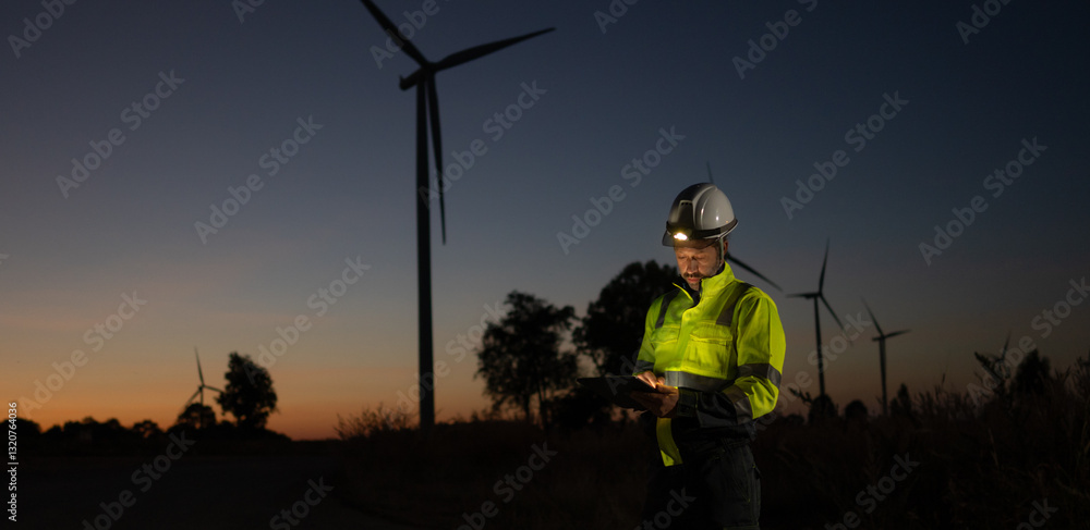 Aufkleber engineer man working with tablet at windmill farm generating electricity clean energy. wind turbine 