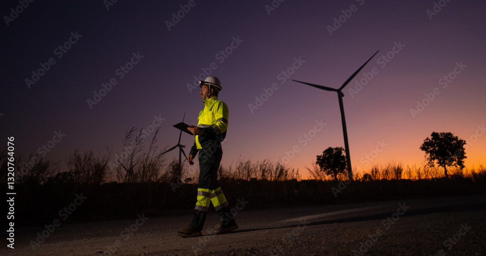 Poster engineer man working with tablet at windmill farm generating electricity clean energy. wind turbine 