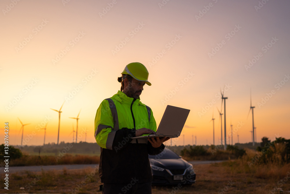 Poster Engineer working on laptop in front of wind turbines for checking wind turbines of the field during beautiful sunset. Alternative energy concept.
