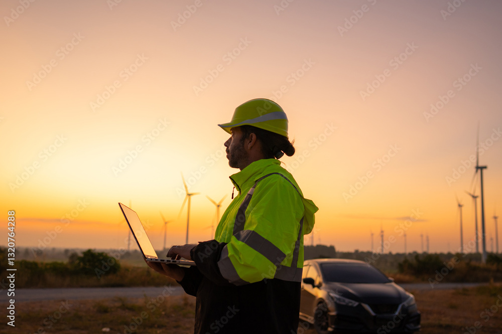 Aufkleber Engineer working on laptop in front of wind turbines for checking wind turbines of the field during beautiful sunset. Alternative energy concept.