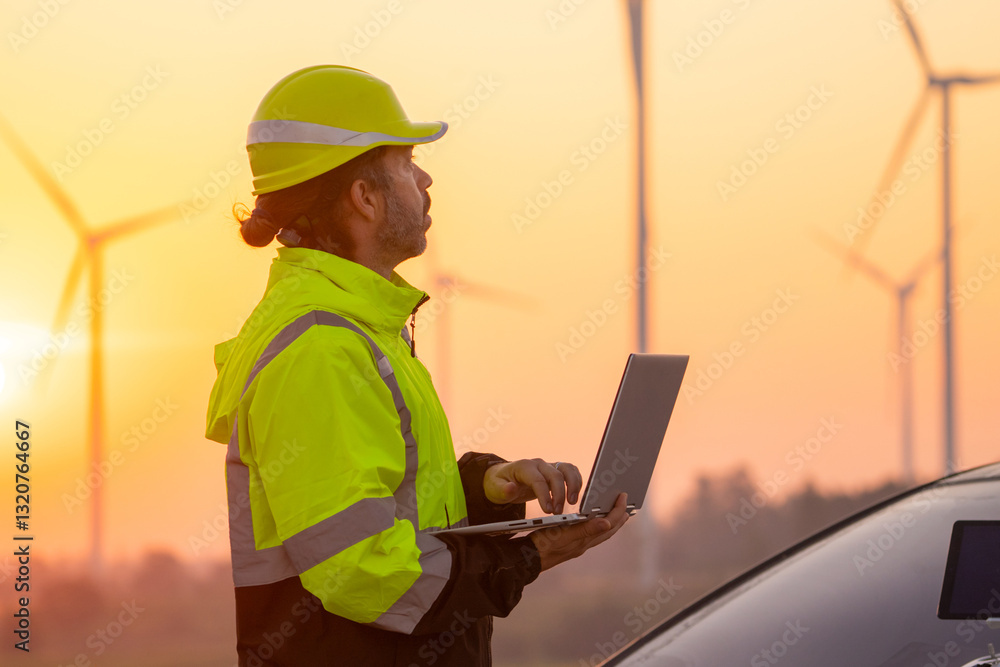 Poster Engineer working on laptop in front of wind turbines for checking wind turbines of the field during beautiful sunset. Alternative energy concept.