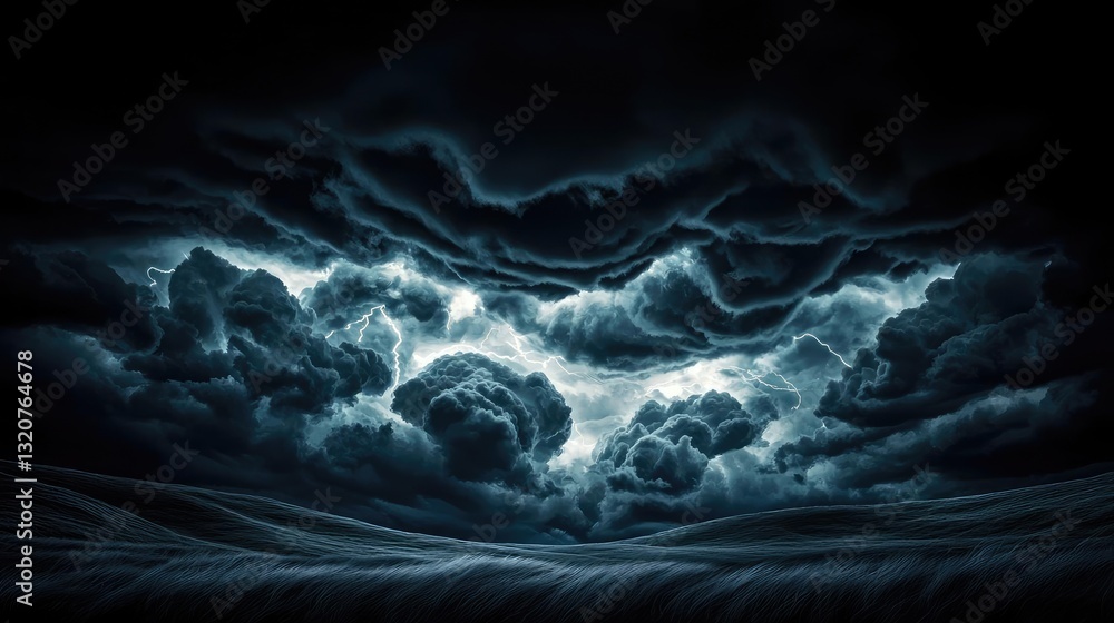 Poster dark sky concept. dramatic dark storm clouds illuminated by flashes of light, creating a surreal atm