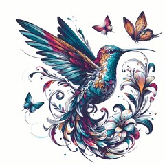 Obraz premium Kolorowy koliber otoczony motylami i kwiatami 