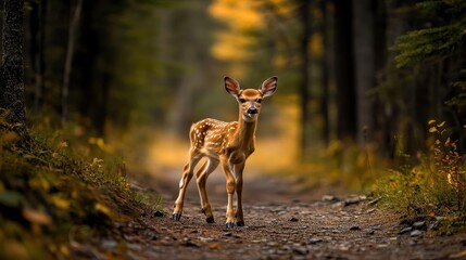 Young Fawn Standing on Trail Surrounded by Autumn Colors in Forest