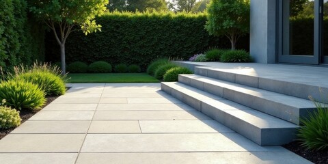 Obraz premium Serene outdoor patio design with contemporary stone steps leading to a tranquil garden featuring lush greenery and neatly trimmed hedges.