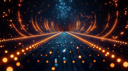 Fototapeta premium A futuristic tunnel, illuminated by glowing orange and blue lights. Detailed patterns and particles create a dynamic, vibrant visual effect