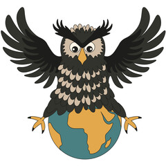 Surprised Owl  stretched on the Globe vector illustration. Fake news concept isolated transparent background. Far-fetched  facts concept. EPS 10