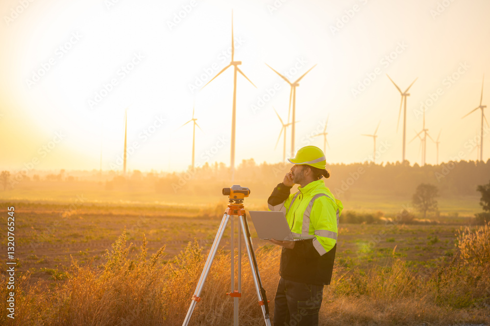 Aufkleber Engineer working on laptop in front of wind turbines for checking wind turbines of the field during beautiful sunset. Alternative energy concept.