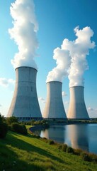Vast industrial complex, nuclear plant, cooling towers, blue sky, energy production, industrial area