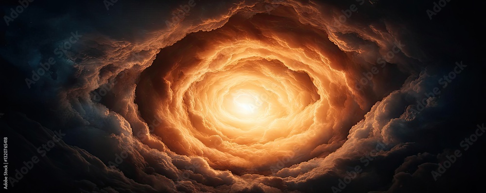 Poster dark sky concept. a captivating swirl of clouds illuminated by a warm, golden light at the center.