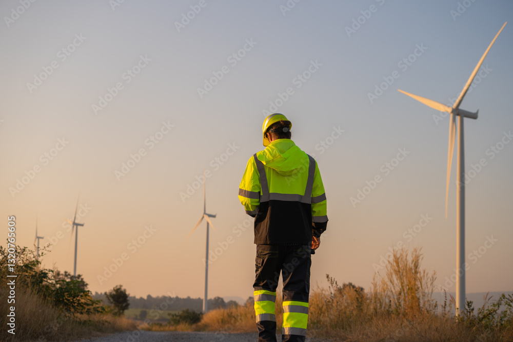 Poster engineer man working at windmill farm generating electricity clean energy. wind turbine farm generat