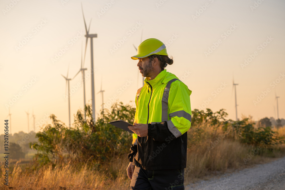 Poster engineer man working with tablet at windmill farm generating electricity clean energy. wind turbine 